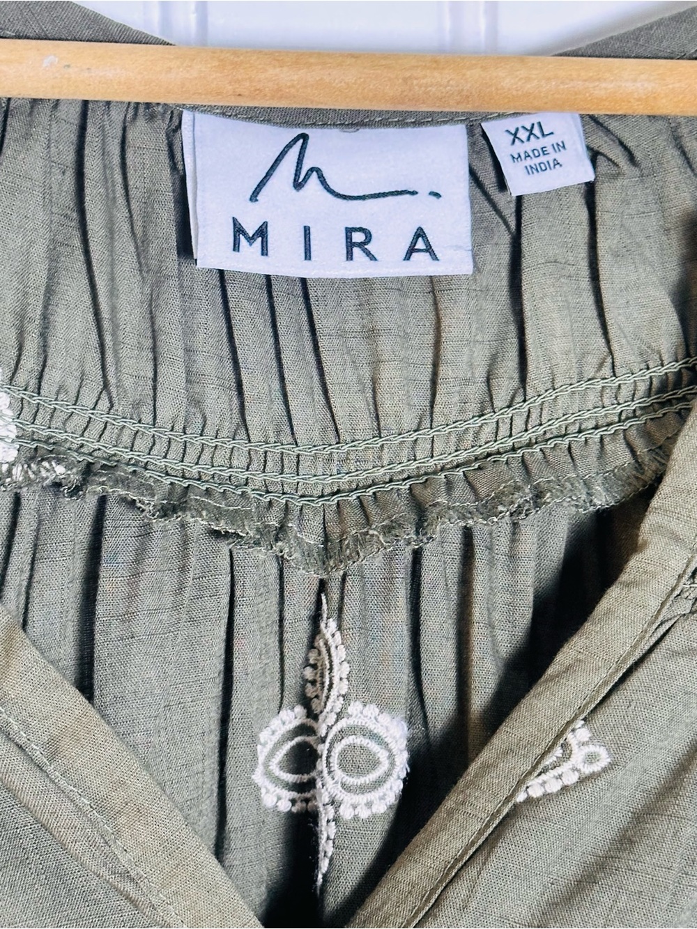 MIRA Cotton Gauze Olive Green Embroidered Tiered Dress  XXL 3/4 puffed sleeves - Picture 6 of 10